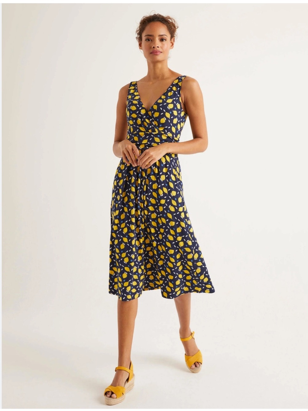 BODEN Effie Jersey Dress In Navy, Lemon Fruit Size 16-18L NWT